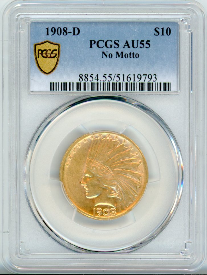 1908-D G$10 PCGS AU55 NO MOTTO