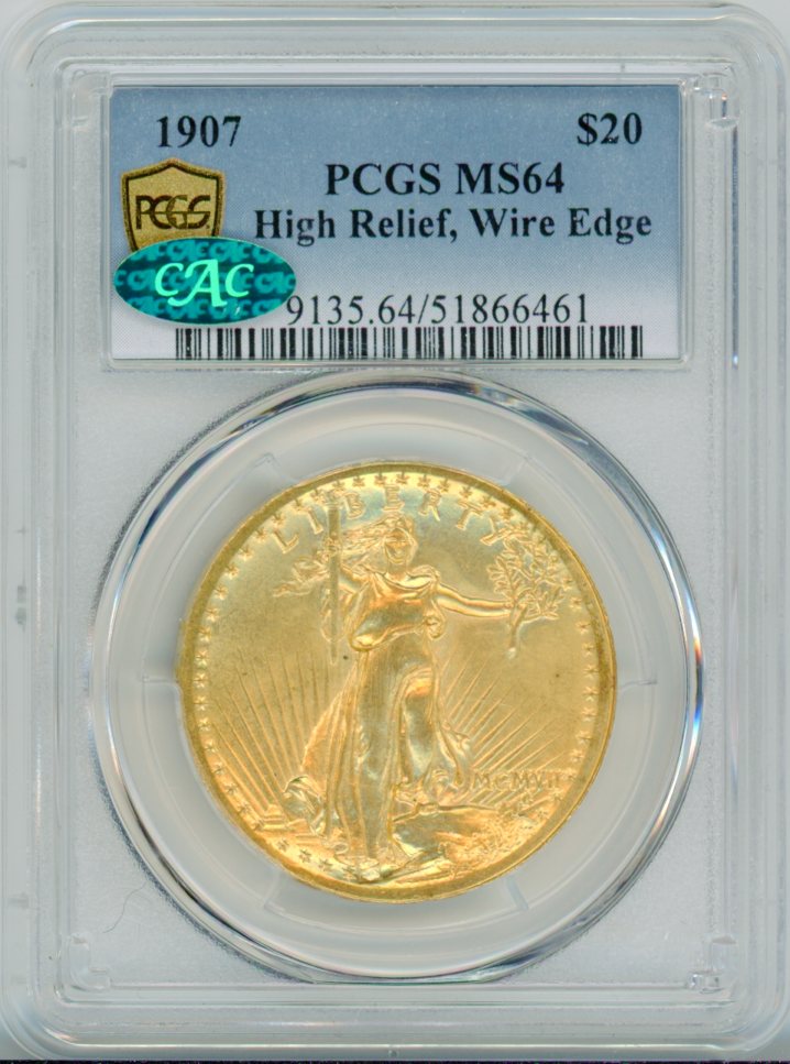1907 G$20 PCGS MS64 HIGH RELIEF, WIRE EDGE CAC