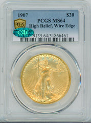 1907 G$20 PCGS MS64 HIGH RELIEF, WIRE EDGE CAC
