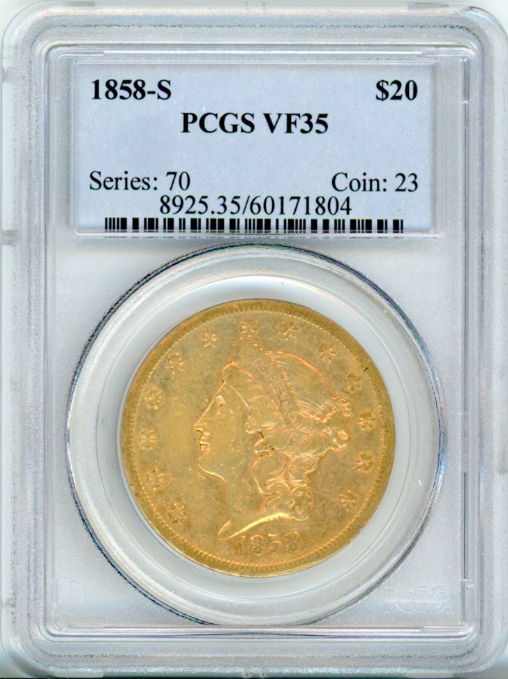 1858-S G$20 PCGS VF35