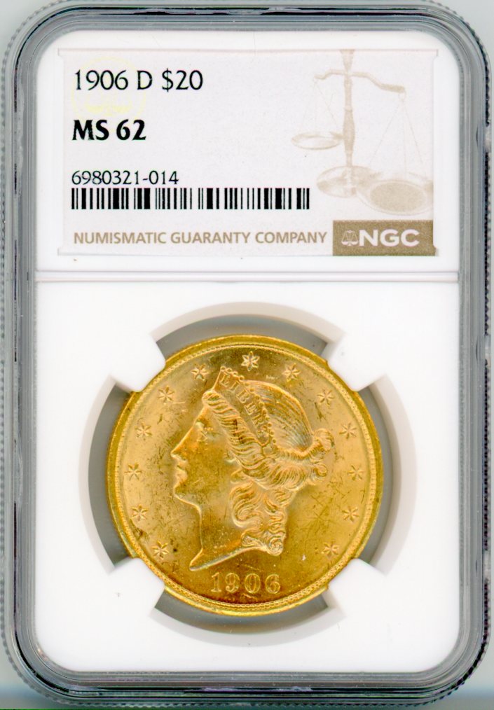 1906-D G$20 NGC MS62