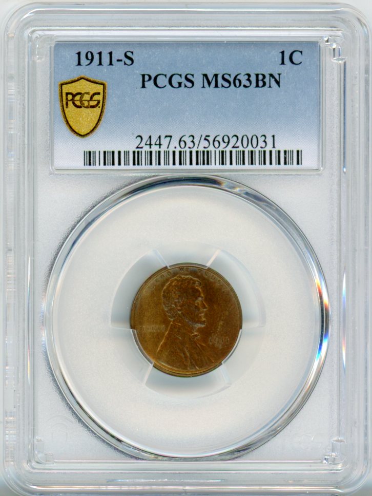 1911-S 1C PCGS MS63BN