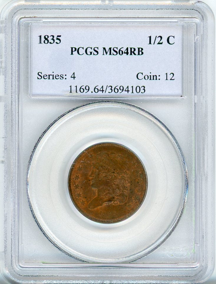 1835 1/2C PCGS MS64RB