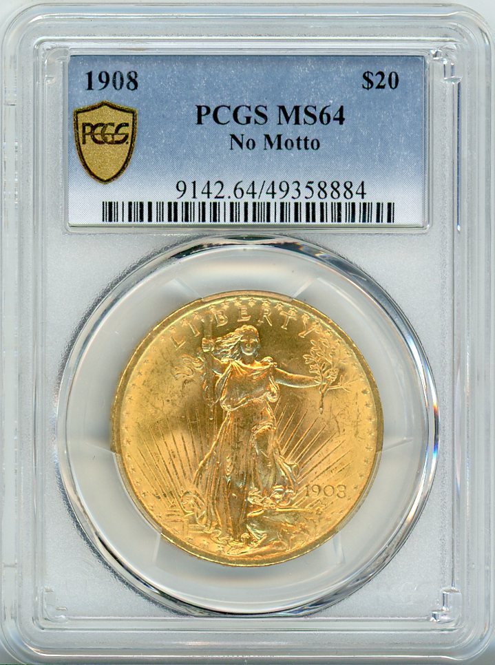 1908 G$20 NO MOTTO PCGS MS64