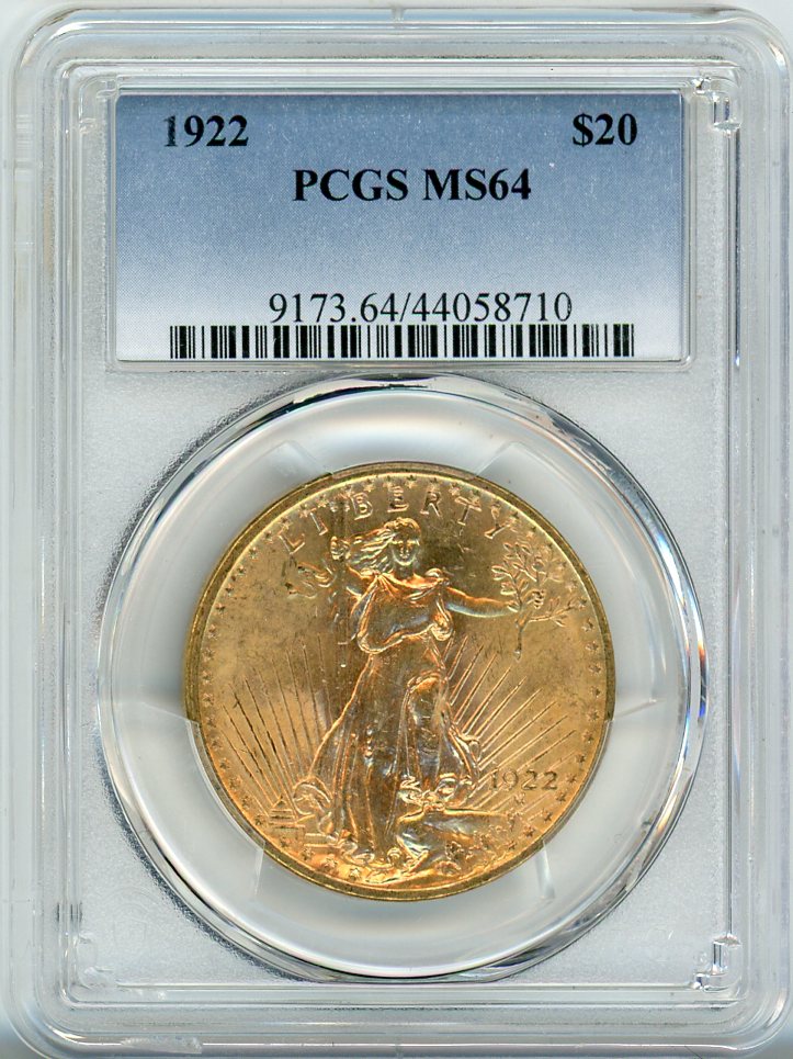 1922 G$20 PCGS MS64 FRESH LUSTROUS PC, NICE OBVERSE SURFACE, NO SPOTS