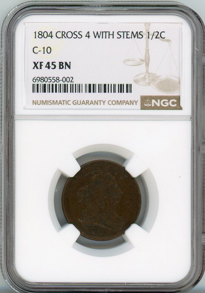 1804 1/2C CROSS 4 WITH STEMS C-10 NGC XF45BN