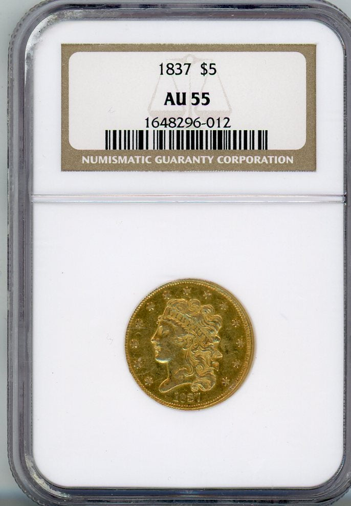 1837 G$5 NGC AU55 NICE SURFACE, WELL STRUCK, NO SPOTS
