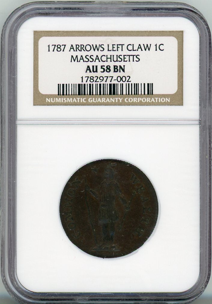 1787 ARROWS LEFT CLAW 1C MASSACHUSETTS NGC AU58BN